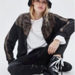 Zara Collection Womens Satin Bomber Jacket Snakeskin Pattern Black Brown*